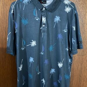 Tropical Blue and White Polo Shirt with Palm Tree Design